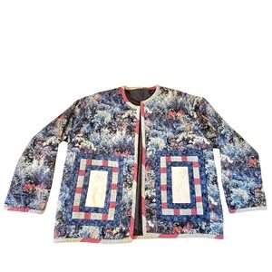 Artisan Quilted Jacket Floral Embroidery Boho‎ Farmhouse Open Front